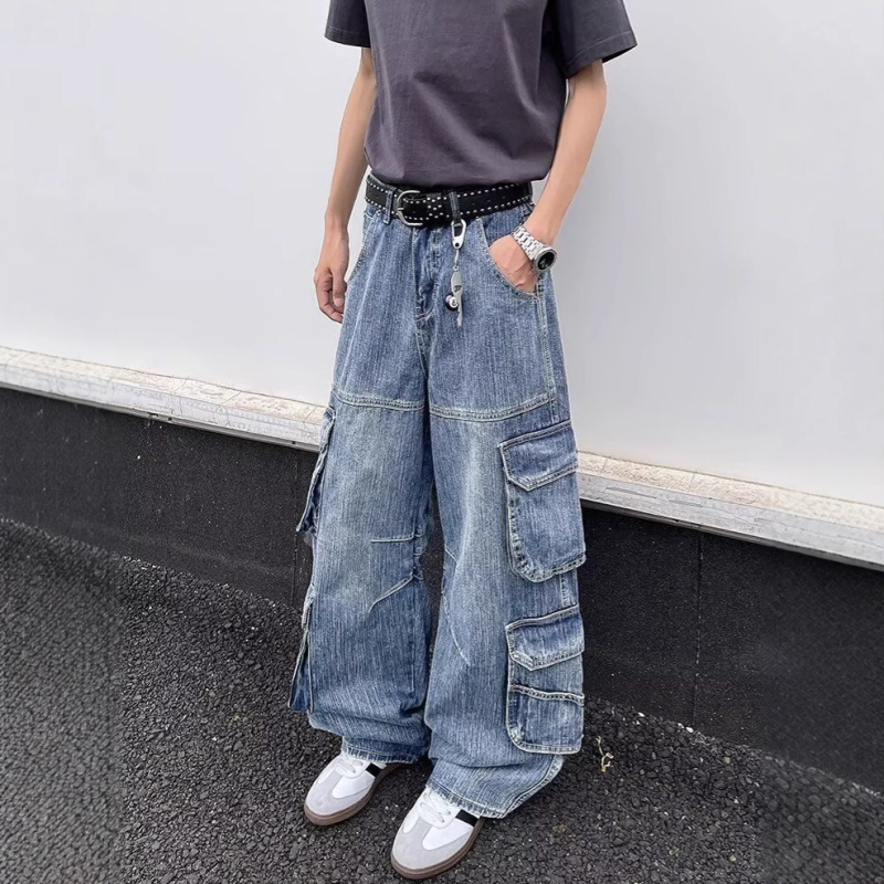 Férfi denim cargo nadrág több zsebbel, amerikai retro stílus, egyenes szabású, széles szárú