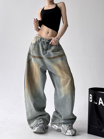 Muške traperice u denimu s pranjem vintage, ravni kroj, opuštene široke nogavice, američki ulični stil