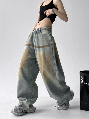 Muške traperice u denimu s pranjem vintage, ravni kroj, opuštene široke nogavice, američki ulični stil