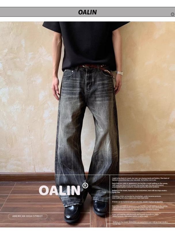 Férfiak számára készült High Street farmerrnadrág mosott hatású és whiskered részletekkel, vintage stílus – karcsú szabás, egyenes szár, enyhe bootcut