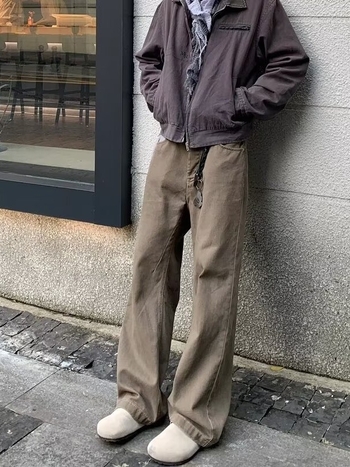 Férfiak számára egyenes szabású farmernadrág, vintage mosott hatás, amerikai casual stílus, pamutkeverék, tavasz–ősz