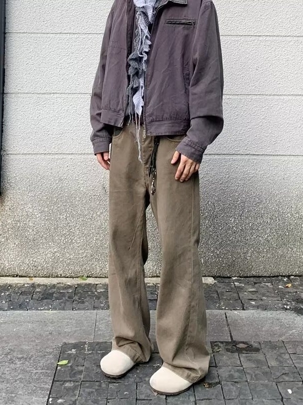Férfiak számára egyenes szabású farmernadrág, vintage mosott hatás, amerikai casual stílus, pamutkeverék, tavasz–ősz