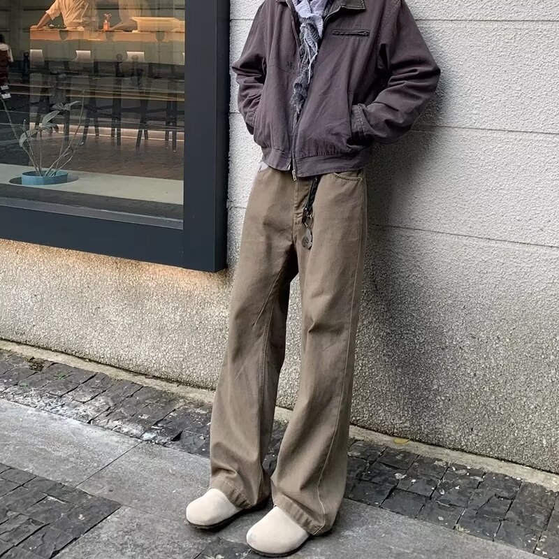 Férfiak számára egyenes szabású farmernadrág, vintage mosott hatás, amerikai casual stílus, pamutkeverék, tavasz–ősz