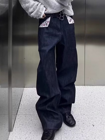 Férfi denim nadrág amerikai retro virágmintával, A-vonalú, egyenes szárú, utcai casual stílus, nyers denim