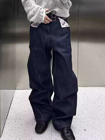 Férfi denim nadrág amerikai retro virágmintával, A-vonalú, egyenes szárú, utcai casual stílus, nyers denim