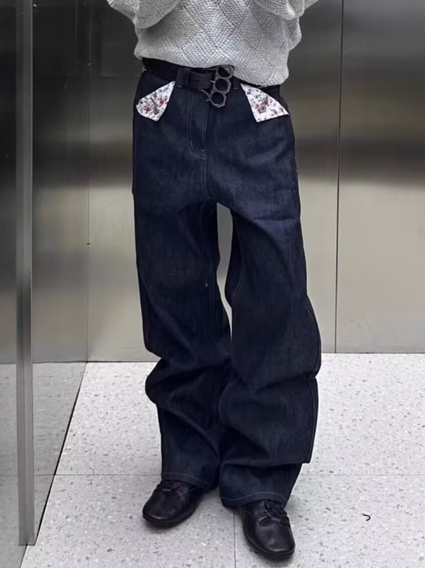 Férfi denim nadrág amerikai retro virágmintával, A-vonalú, egyenes szárú, utcai casual stílus, nyers denim