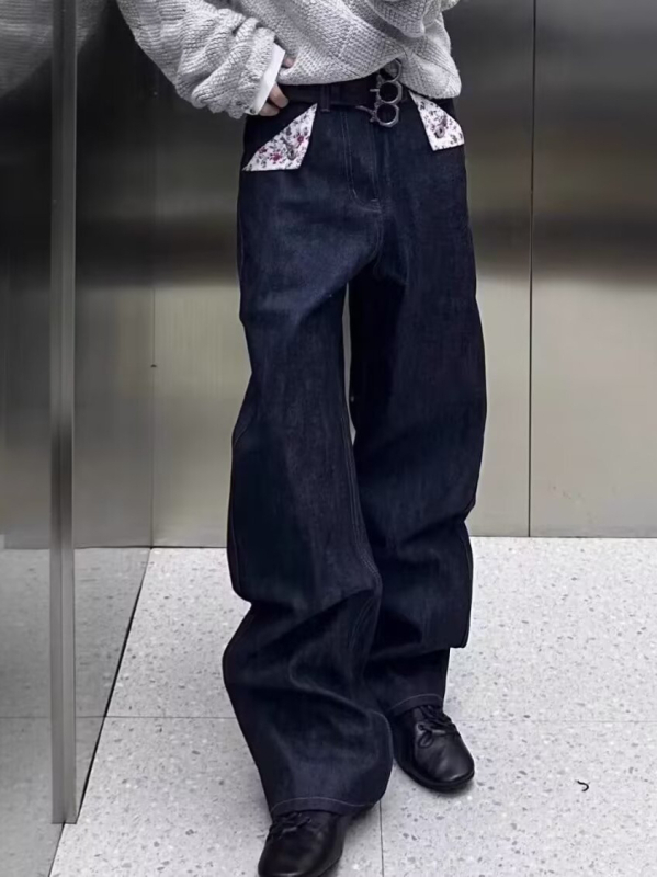 Férfi denim nadrág amerikai retro virágmintával, A-vonalú, egyenes szárú, utcai casual stílus, nyers denim
