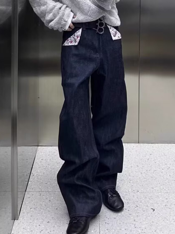 Férfi denim nadrág amerikai retro virágmintával, A-vonalú, egyenes szárú, utcai casual stílus, nyers denim