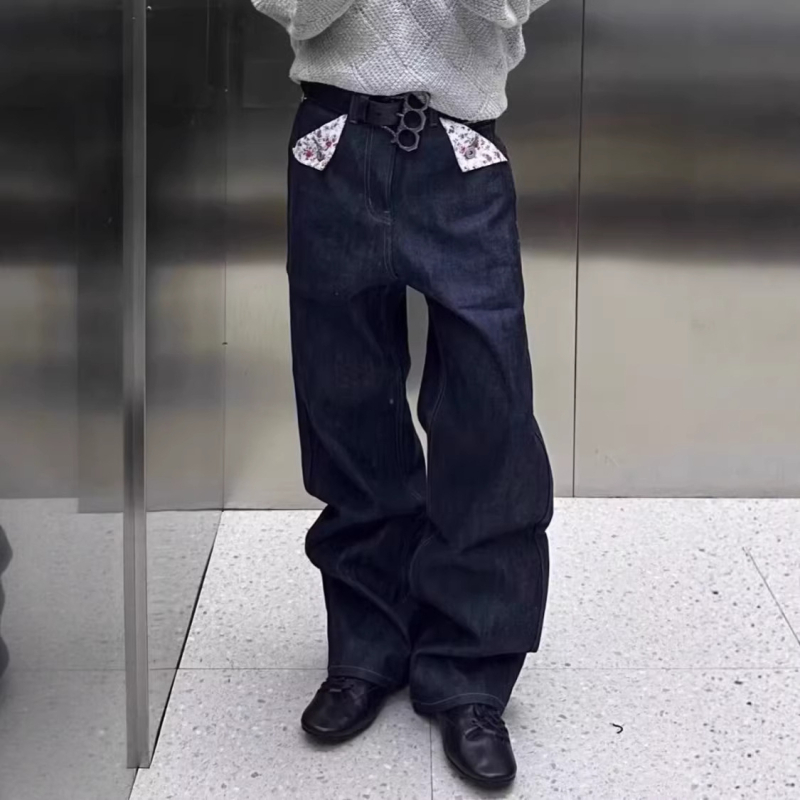 Férfi denim nadrág amerikai retro virágmintával, A-vonalú, egyenes szárú, utcai casual stílus, nyers denim