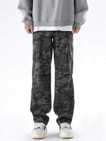 Férfiak camo nadrág, tavasz, laza egyenes szabású, széles szárú, streetwear