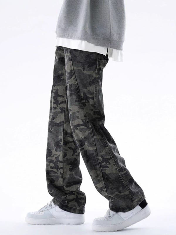 Férfiak camo nadrág, tavasz, laza egyenes szabású, széles szárú, streetwear