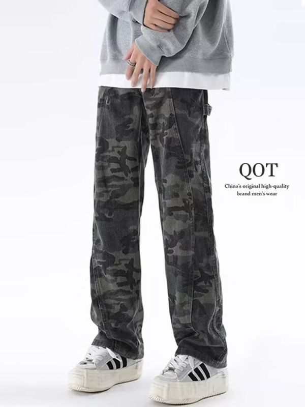 Férfiak camo nadrág, tavasz, laza egyenes szabású, széles szárú, streetwear