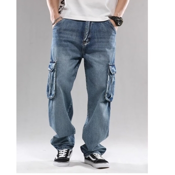 Férfiaknak szánt amerikai stílusú nehéz denim munkanadrág, több zsebbel, lazán szabott, széles lábszár, plusz méret, magas derék