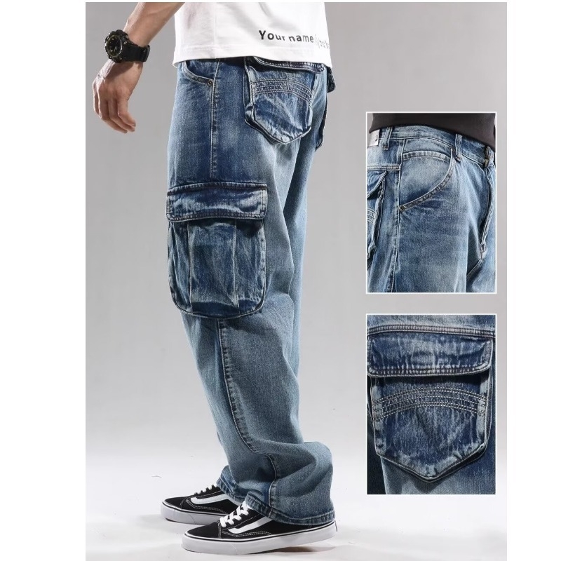 Férfiaknak szánt amerikai stílusú nehéz denim munkanadrág, több zsebbel, lazán szabott, széles lábszár, plusz méret, magas derék