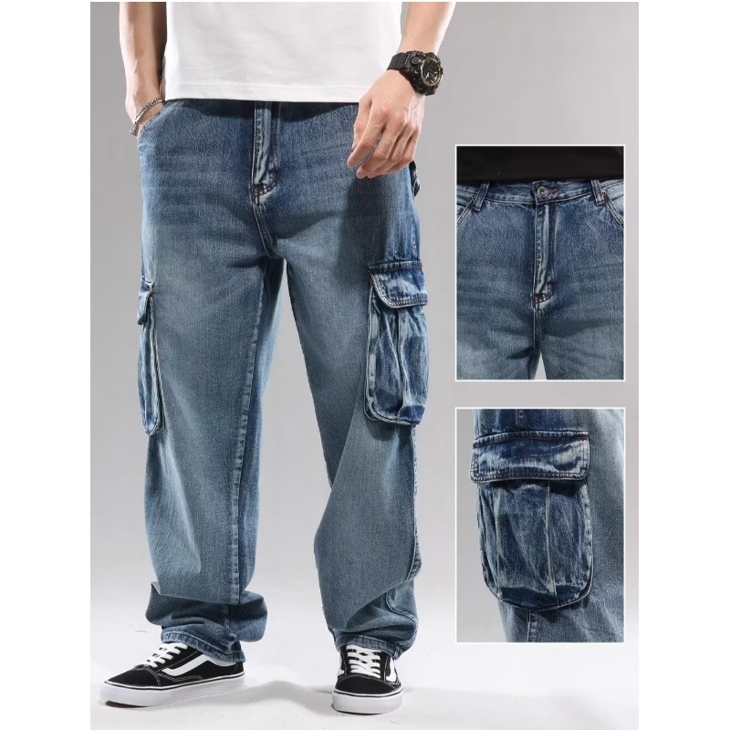 Férfiaknak szánt amerikai stílusú nehéz denim munkanadrág, több zsebbel, lazán szabott, széles lábszár, plusz méret, magas derék