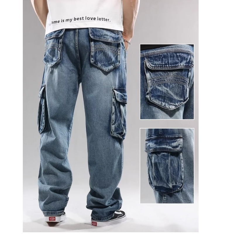 Férfiaknak szánt amerikai stílusú nehéz denim munkanadrág, több zsebbel, lazán szabott, széles lábszár, plusz méret, magas derék