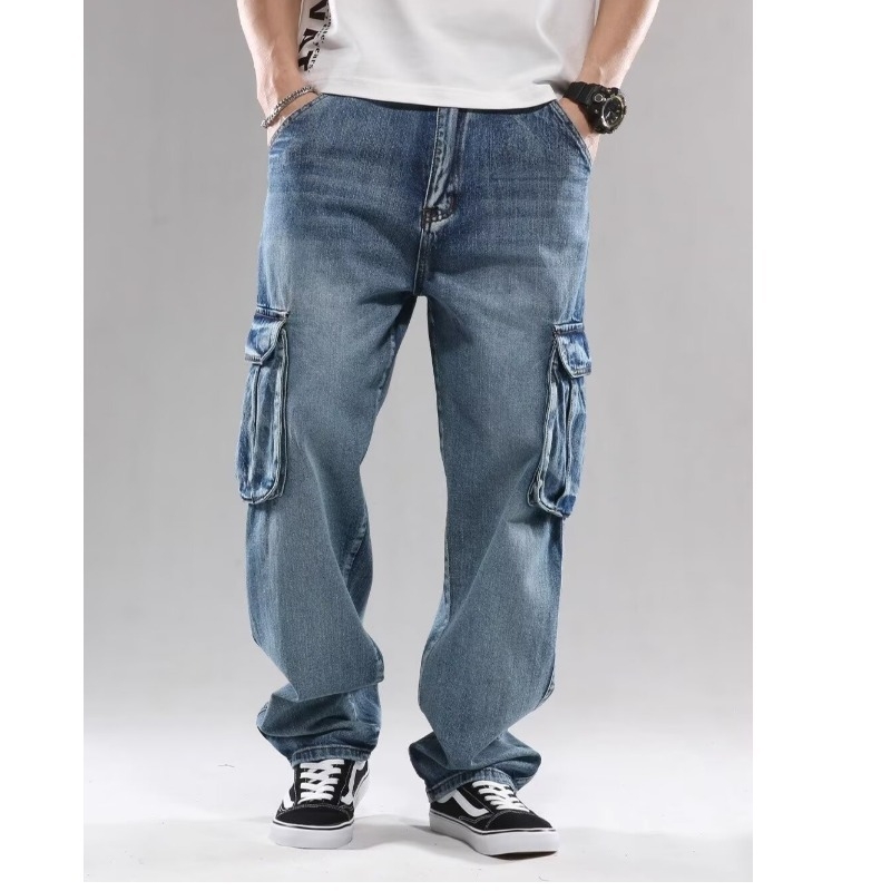 Férfiaknak szánt amerikai stílusú nehéz denim munkanadrág, több zsebbel, lazán szabott, széles lábszár, plusz méret, magas derék