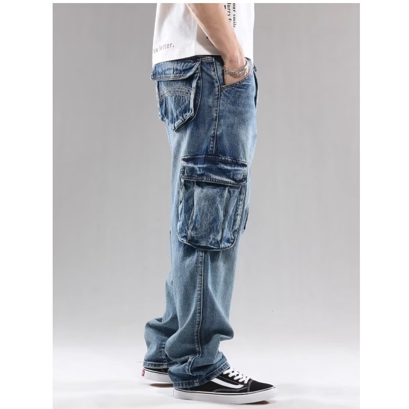 Férfiaknak szánt amerikai stílusú nehéz denim munkanadrág, több zsebbel, lazán szabott, széles lábszár, plusz méret, magas derék