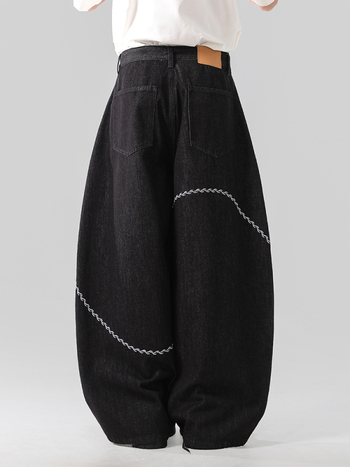 Muške crne denim hlače s izšivkom, ravne krojenje, opuštena silueta, široke nogavice, gradski stil