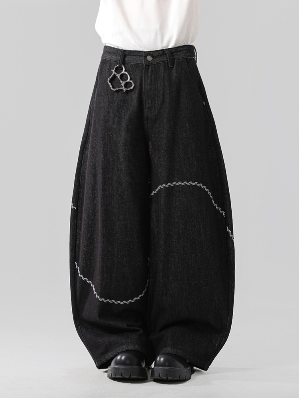 Muške crne denim hlače s izšivkom, ravne krojenje, opuštena silueta, široke nogavice, gradski stil