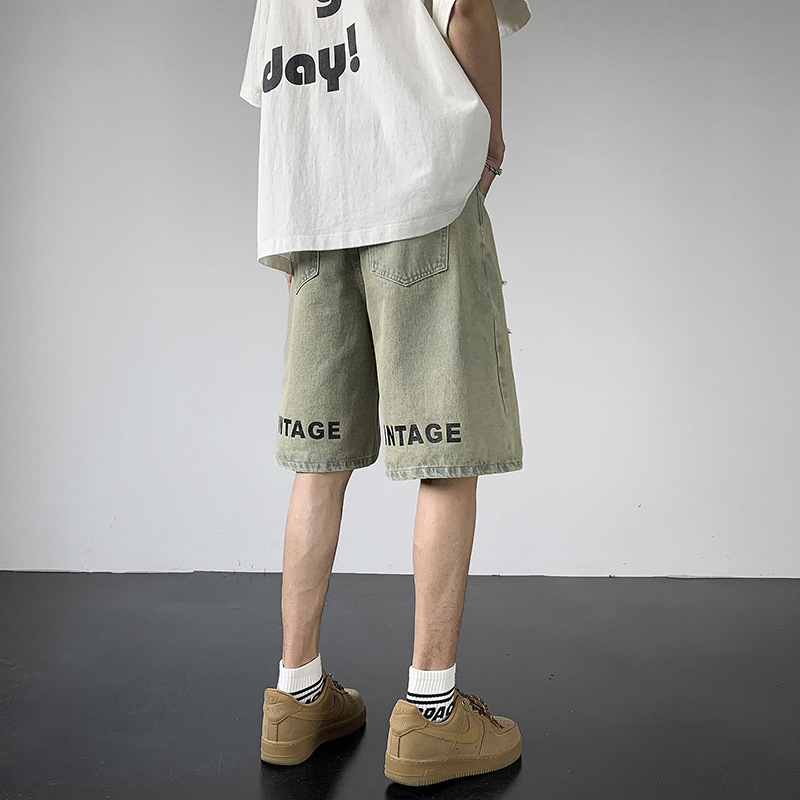 Férfiaknak készült farmer rövidnadrág, nyári vékony anyag, sáros sárga szín, vintage amerikai streetwear stílus