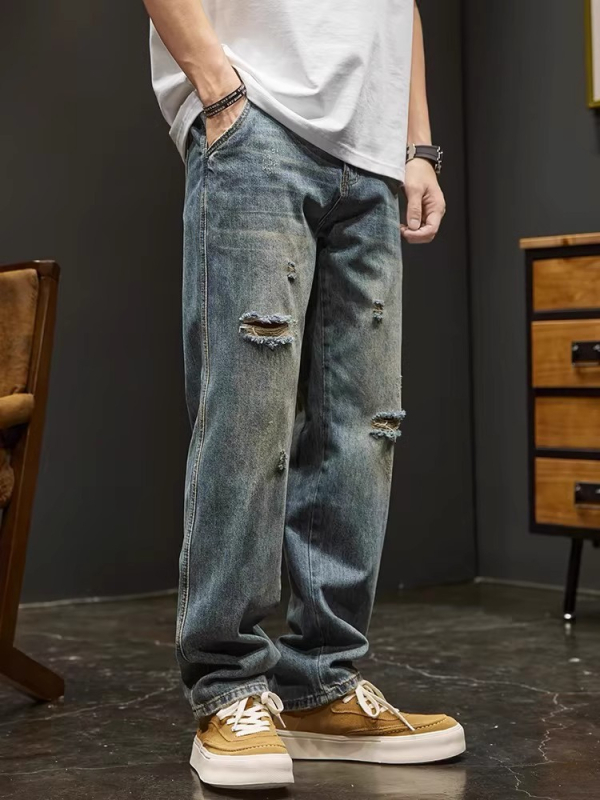 Férfiaknak szakított farmer, őszi vintage mosott, lazán hordható, egyenes szabású, amerikai stílus