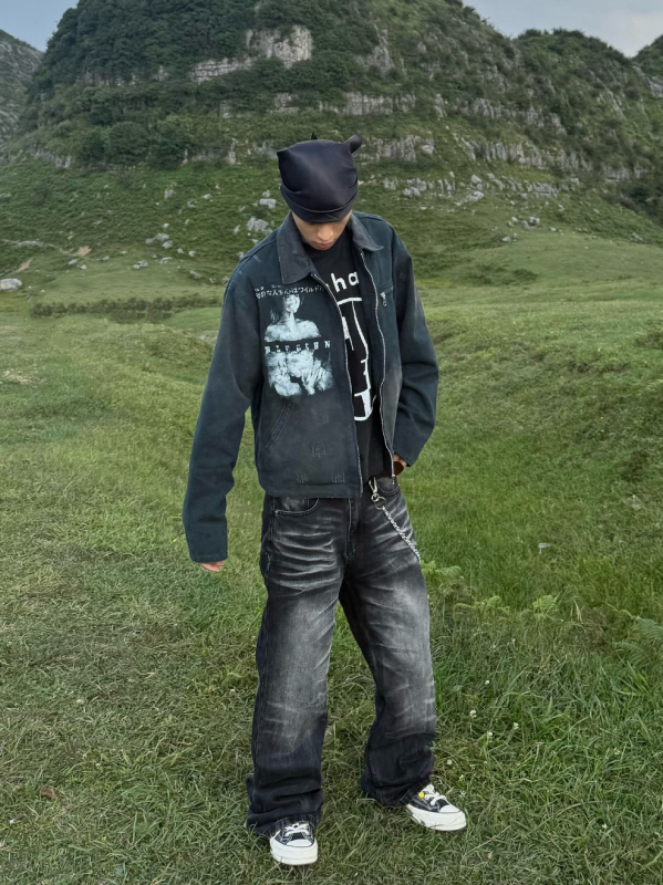 Fekete mosott denim férfi farmernadrág, egyenes szabás, laza, mikro szélesedő szár, mindennapi casual, amerikai street stílus