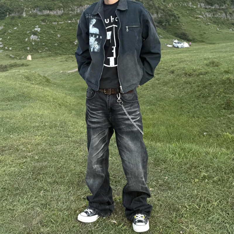 Fekete mosott denim férfi farmernadrág, egyenes szabás, laza, mikro szélesedő szár, mindennapi casual, amerikai street stílus