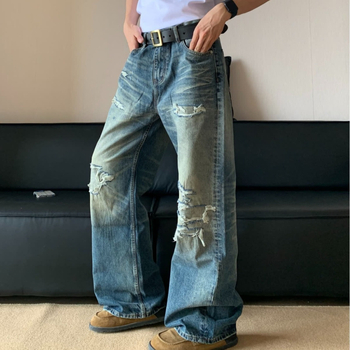 Muške poderane traperice, jesenji opušteni kroj, široke nogavice, dužina do poda, ispran denim
