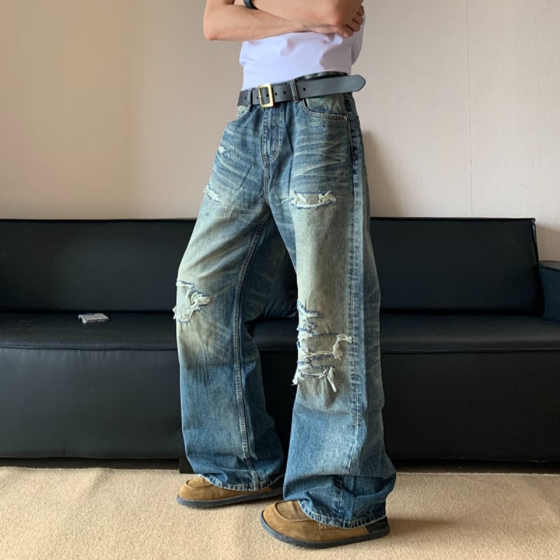 Muške poderane traperice, jesenji opušteni kroj, široke nogavice, dužina do poda, ispran denim