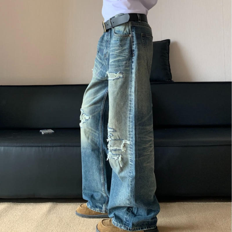 Muške poderane traperice, jesenji opušteni kroj, široke nogavice, dužina do poda, ispran denim