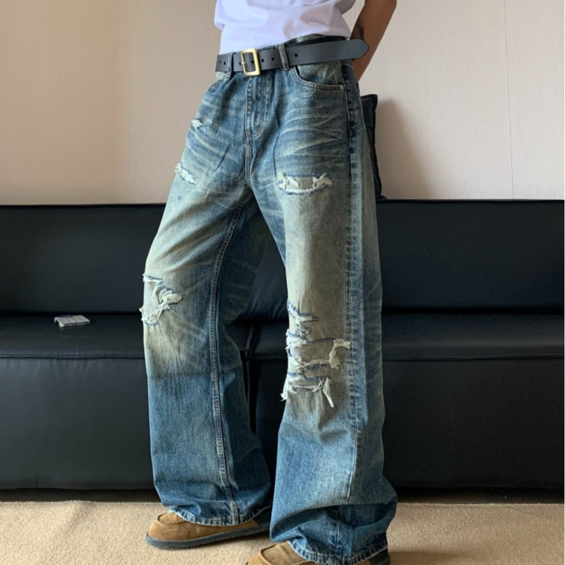 Muške poderane traperice, jesenji opušteni kroj, široke nogavice, dužina do poda, ispran denim