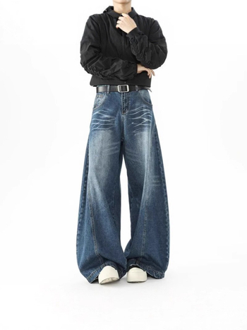 Férfiaknak szóló amerikai stílusú laza, egyenes szabású farmernadrág, háromdimenziós siluettel, mosott denim, széles lábszárú, padlóra érő hosszúság
