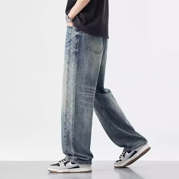 Férfi denim nadrág Totem márkával, amerikai stílus, gyűrődéses hatás, egyenes szabású, tavasz 2025