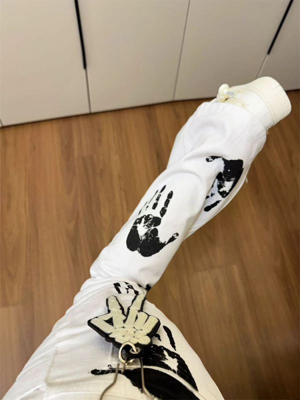 Férfi denimnadrág palmás mintával, magas derekú, egyenes szárú, enyhén bővülő