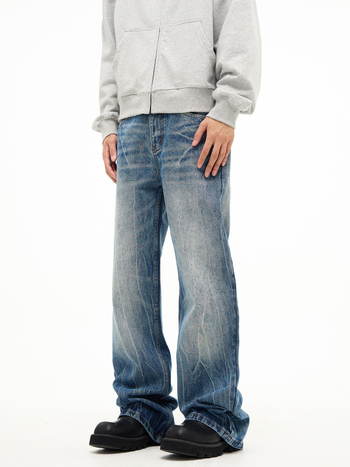 Férfi denim nadrág, villám mintás, mosott, amerikai retro stílus, egyenes szabású, enyhén kiszélesedő szár