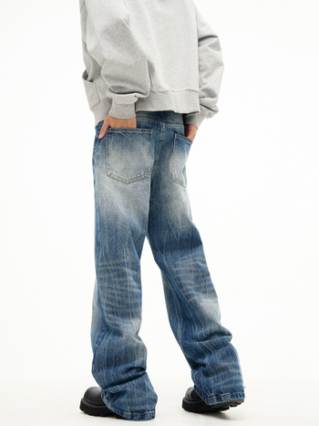 Férfi denim nadrág, villám mintás, mosott, amerikai retro stílus, egyenes szabású, enyhén kiszélesedő szár