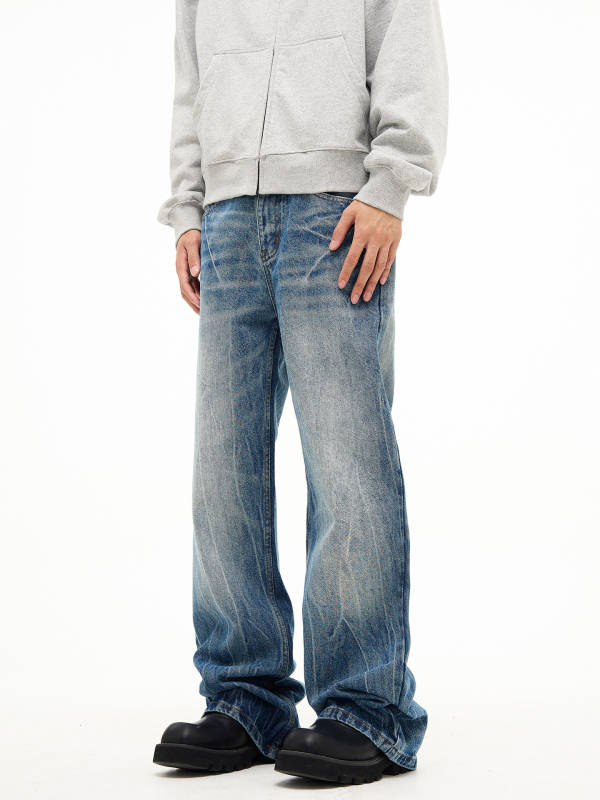 Férfi denim nadrág, villám mintás, mosott, amerikai retro stílus, egyenes szabású, enyhén kiszélesedő szár