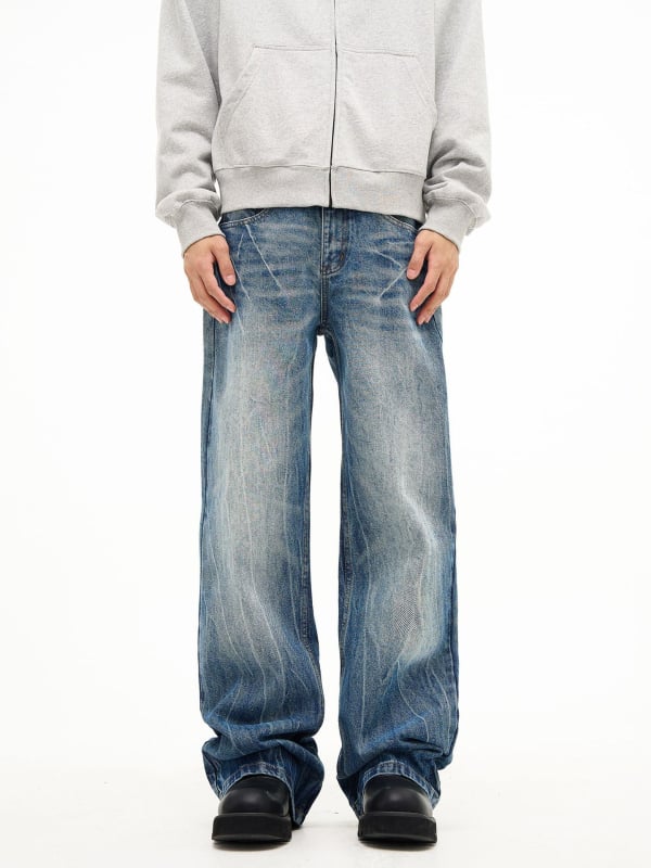 Férfi denim nadrág, villám mintás, mosott, amerikai retro stílus, egyenes szabású, enyhén kiszélesedő szár