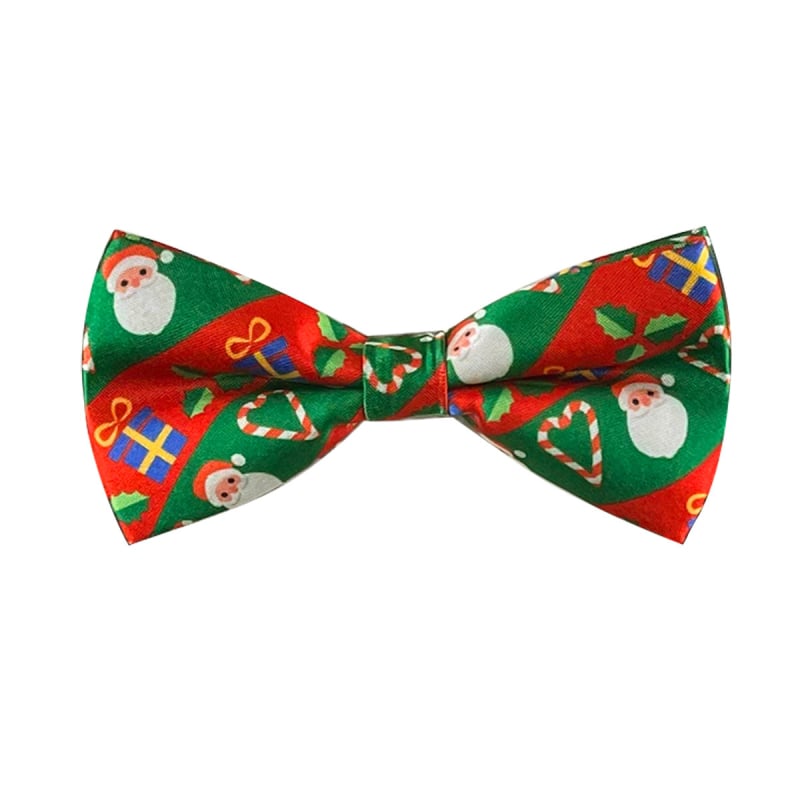 Karácsonyi díszítő csokornyakkendő gallérhoz, felnőtteknek, uniszex, Mikulás, hóember és harisnya motívumokkal