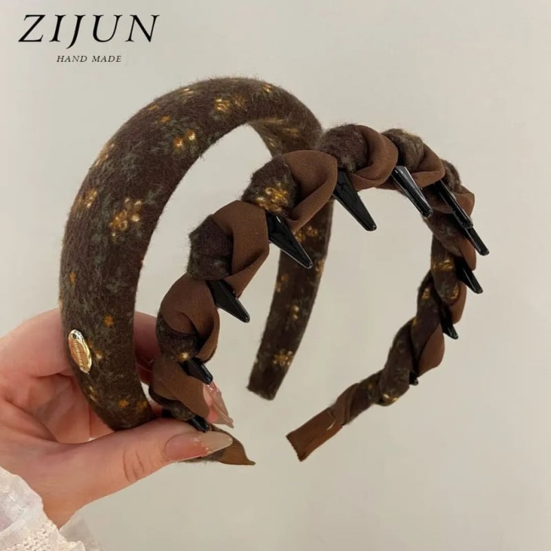 Ženska čelenka za jesen-zimu s floralnim uzorkom u boji kave, široki rub sa zubima, protuklizna, moderan dodatak za veliku glavu