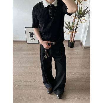 Muške hlače od TR mješavine s suptilnim tamnim uzorkom, elegantan dvorski stil s patchworkom, A-kroj širokih nogavica, profinjen pad