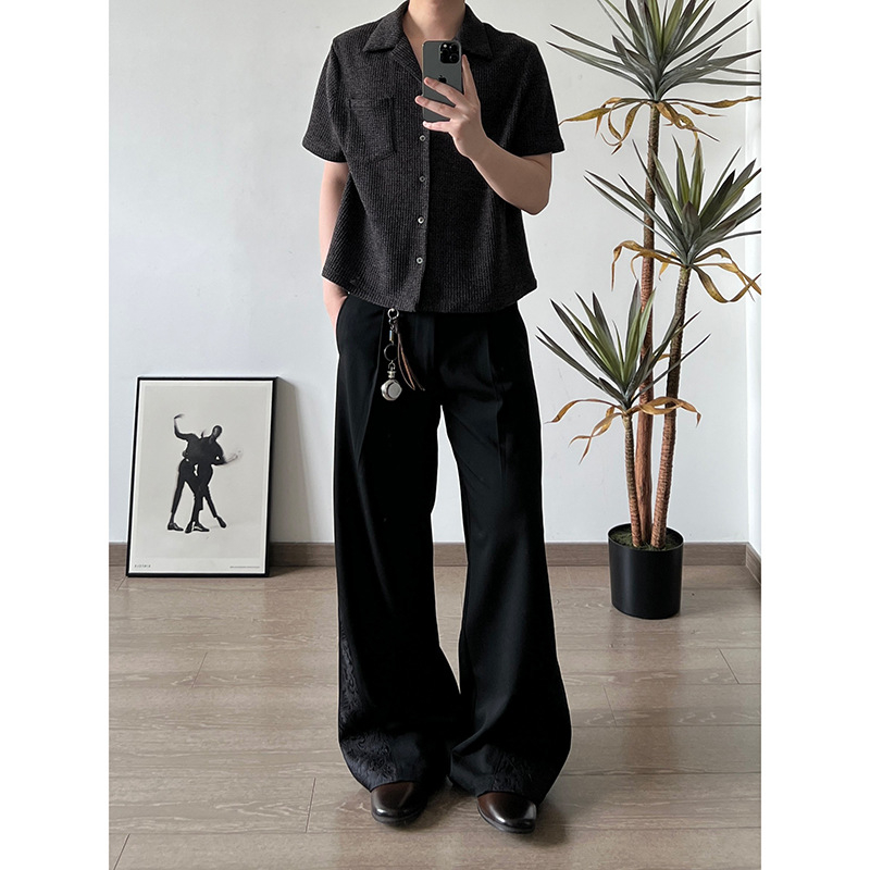 Muške hlače od TR mješavine s suptilnim tamnim uzorkom, elegantan dvorski stil s patchworkom, A-kroj širokih nogavica, profinjen pad