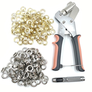 200 σετ μεταλλικά eyelets 10,5 mm σε χρυσό και ασημί, σετ με εργαλείο χειροκίνητης πρέσας για παπούτσια, τσάντες, καπέλα και άλλα