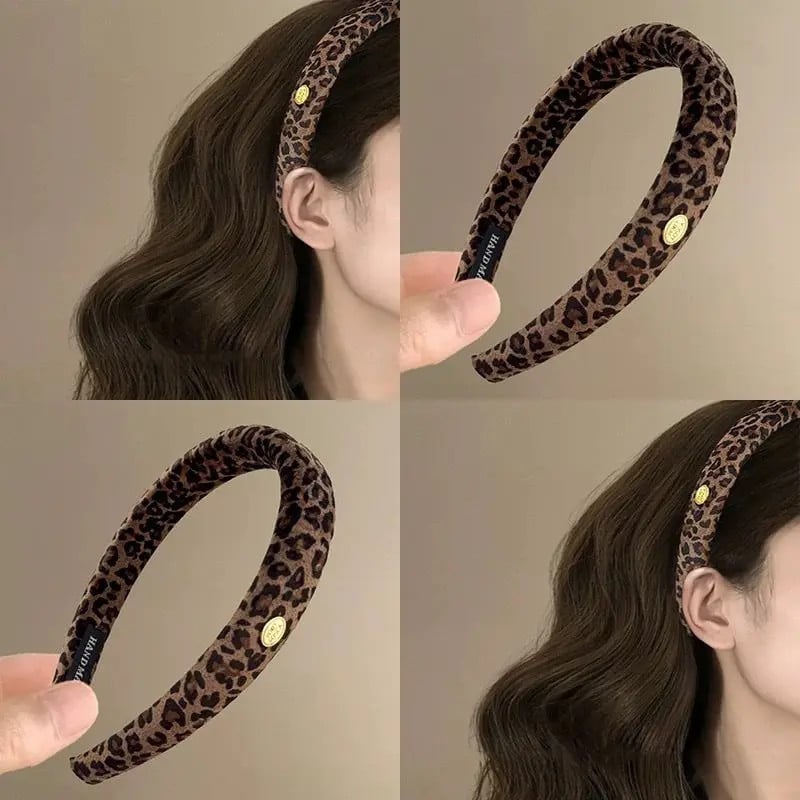Shibuya-stílusú leopard mintás hajpánt arany címkével, nőies magas koronát idéző hajtű, retro utazási hajkiegészítő