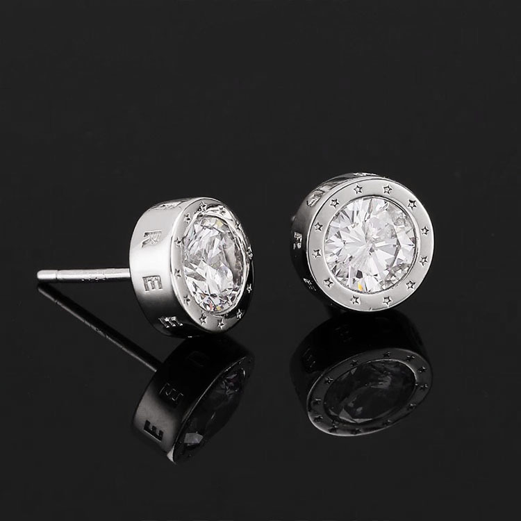 Muške naušnice od srebra 925 s rhinestones, kružni oblik, gravirana slova, hip-hop stil