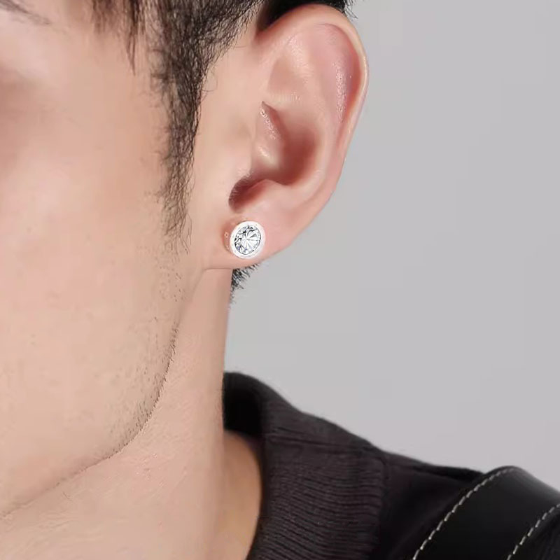 Muške naušnice od srebra 925 s rhinestones, kružni oblik, gravirana slova, hip-hop stil