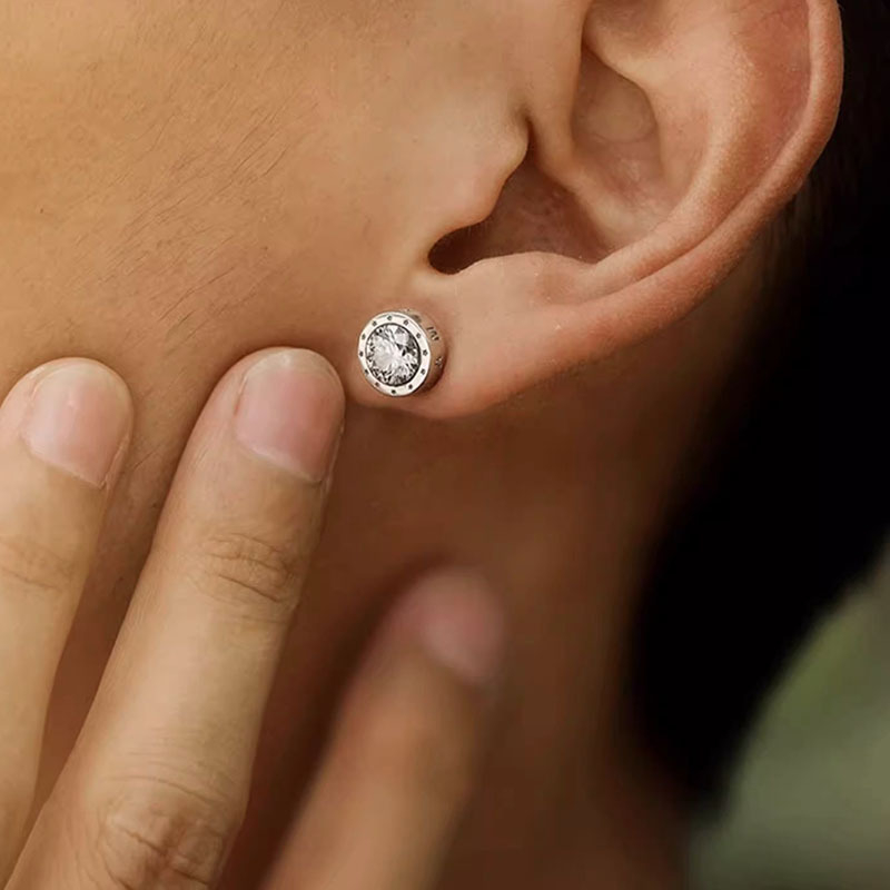 Muške naušnice od srebra 925 s rhinestones, kružni oblik, gravirana slova, hip-hop stil