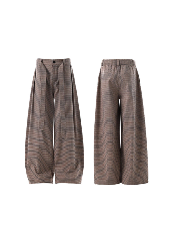 Kendo stílusú férfi nadrág houndstooth mintával, tiszta szabás, széles lábszárú, hétköznapi retro