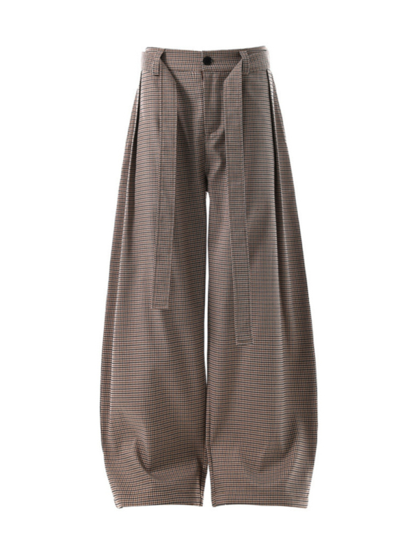 Kendo stílusú férfi nadrág houndstooth mintával, tiszta szabás, széles lábszárú, hétköznapi retro